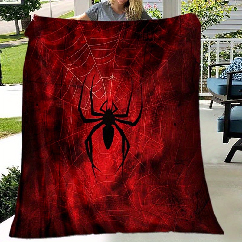 

Contemporary Flannel Blanket - 100% Polyester Knitted Soft Throw With Digital Red Spider Pattern, Lightweight Warm Cover For Living Room, Office, Bed, Travel