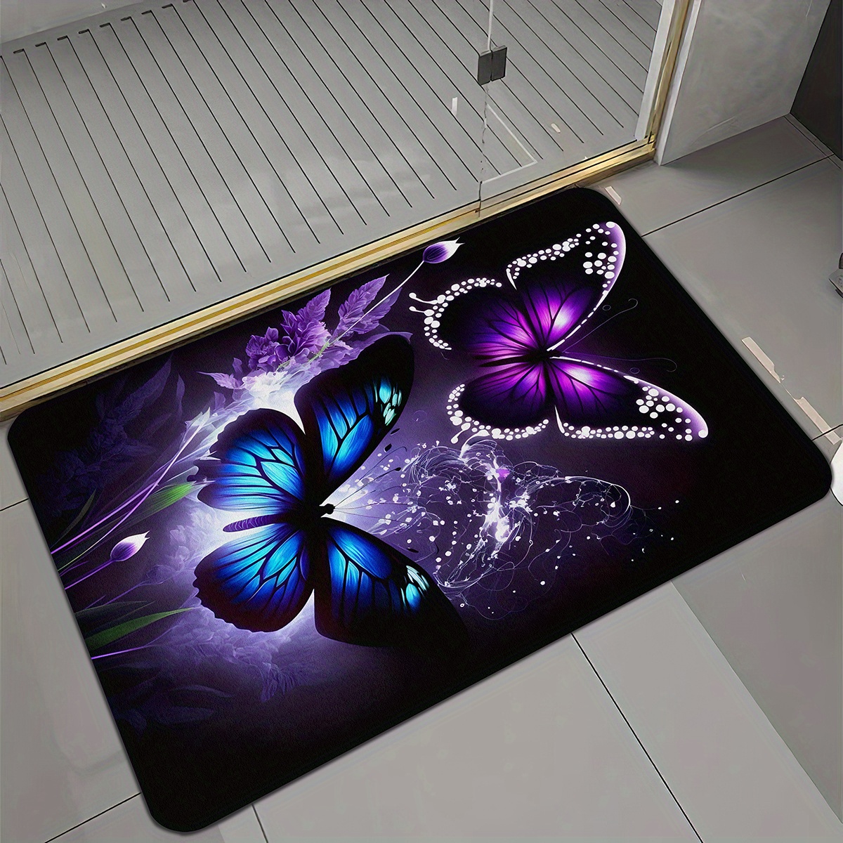 1pc Of Purple Printed Carpet, Suitable For Bathroom Areas, Bathroom Absorbent Floor Mats, Anti Slip Shower Mats, Shower Basin Board Mats, Bathroom Door Mats, Home Decoration, Bathroom Decoration