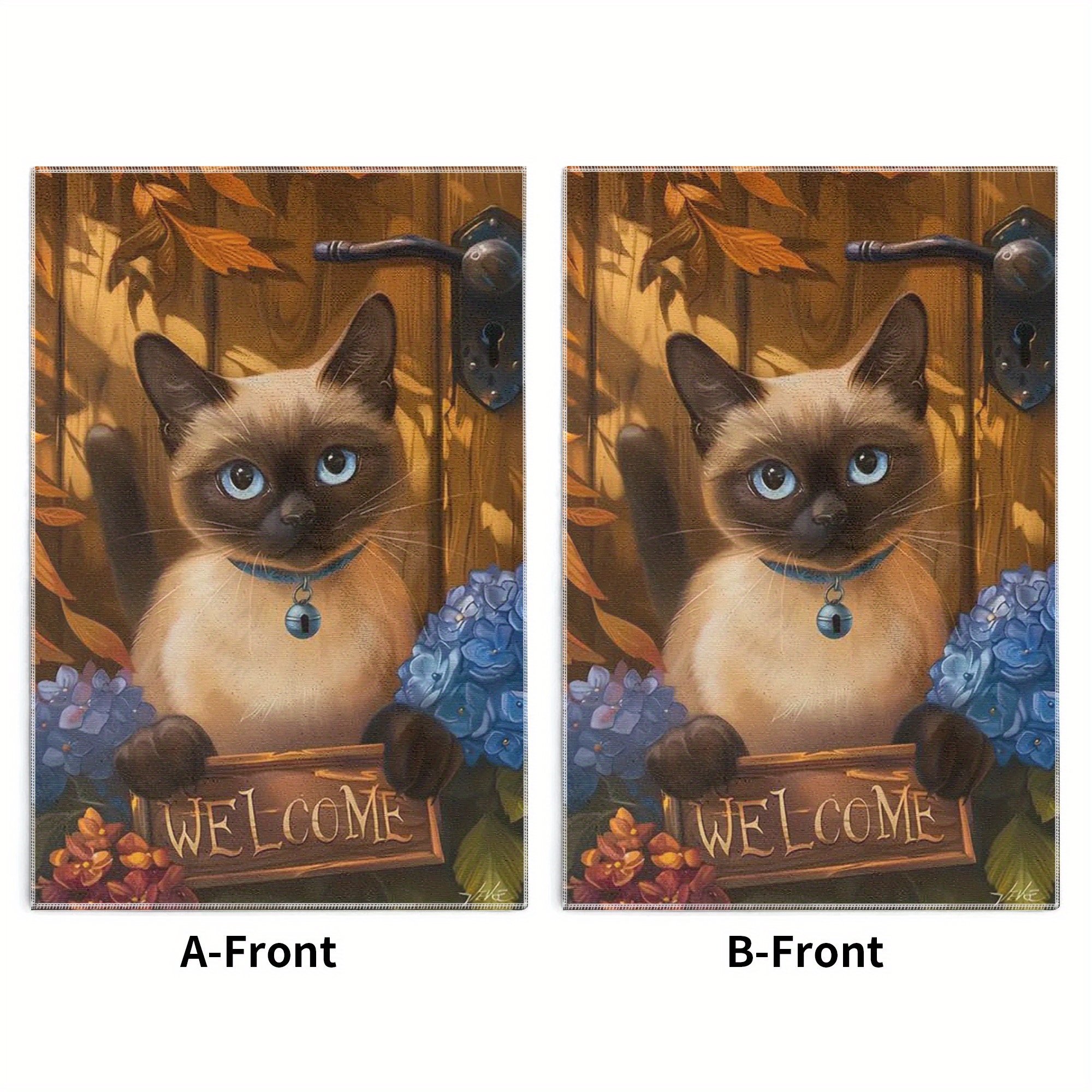 

Festive 18x26 Inch Kitchen Towels - 2 Pack - Cartoon Siamese Cat With 'welcome' Sign - Hand Wash Only - Contemporary Style - Viscose Material