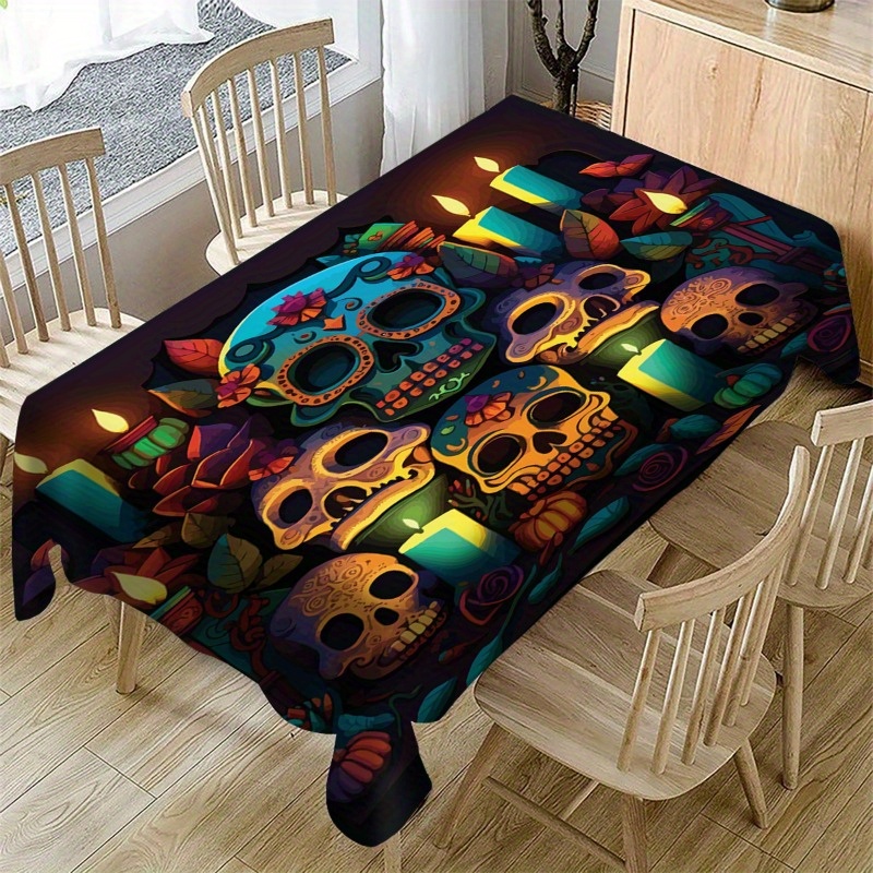 

Day Of The Dead Polyester Tablecloth - Rectangle Non-woven Fabric Machine Made Table Cover For Dining And Kitchen, Festive Party Atmosphere Decoration, Durable And Easy Care