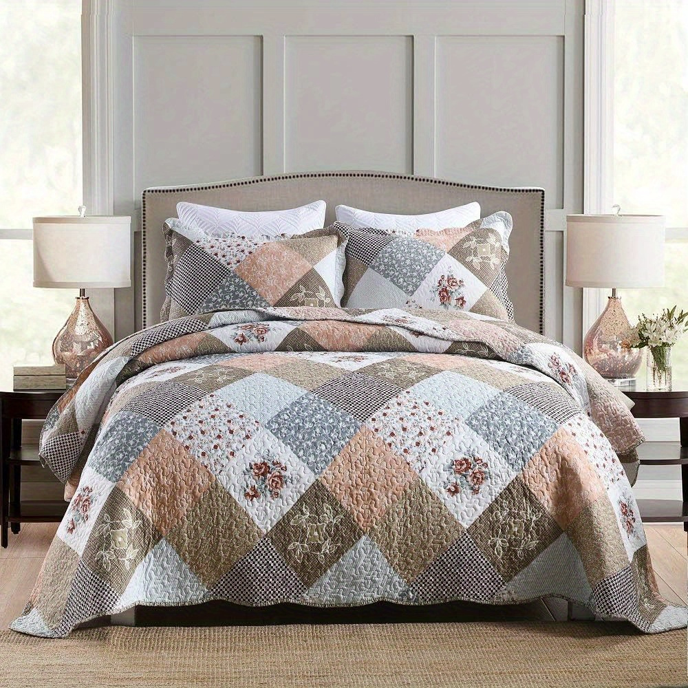 TEMU 3pcs Quilt Set Floral Brown Bedding Set Print Stitching Quilted Bedding Set, Soft Comforter Coverlet For All Season Quilt, Style, Queen Size King Size
