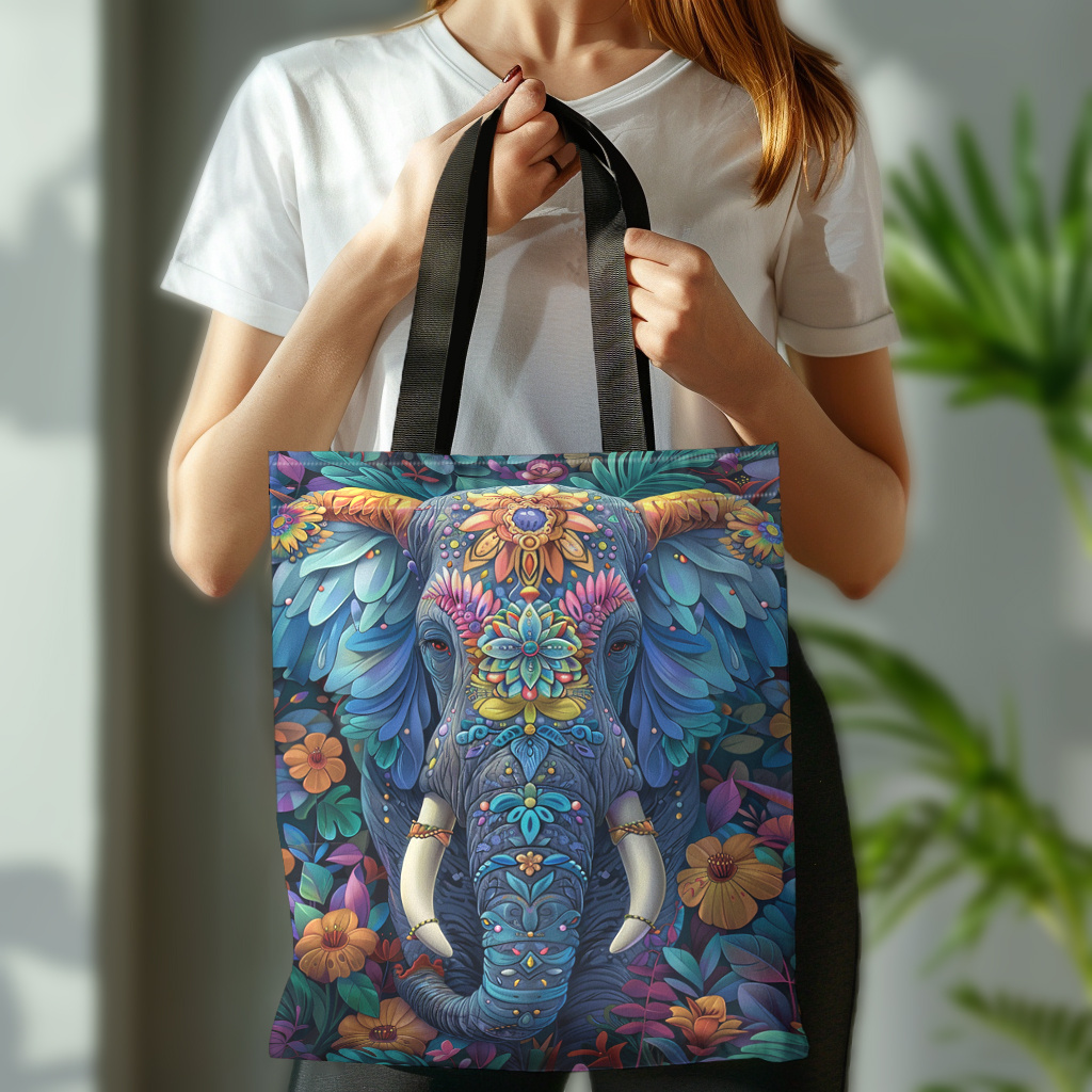 

1pc Vibrant Elephant & Floral Pattern Canvas Tote Bag - Polyester, Machine Washable, , - Shopping & Use, Shopping Canvas Bag|vibrant Pattern Tote|sturdy Handle Bag