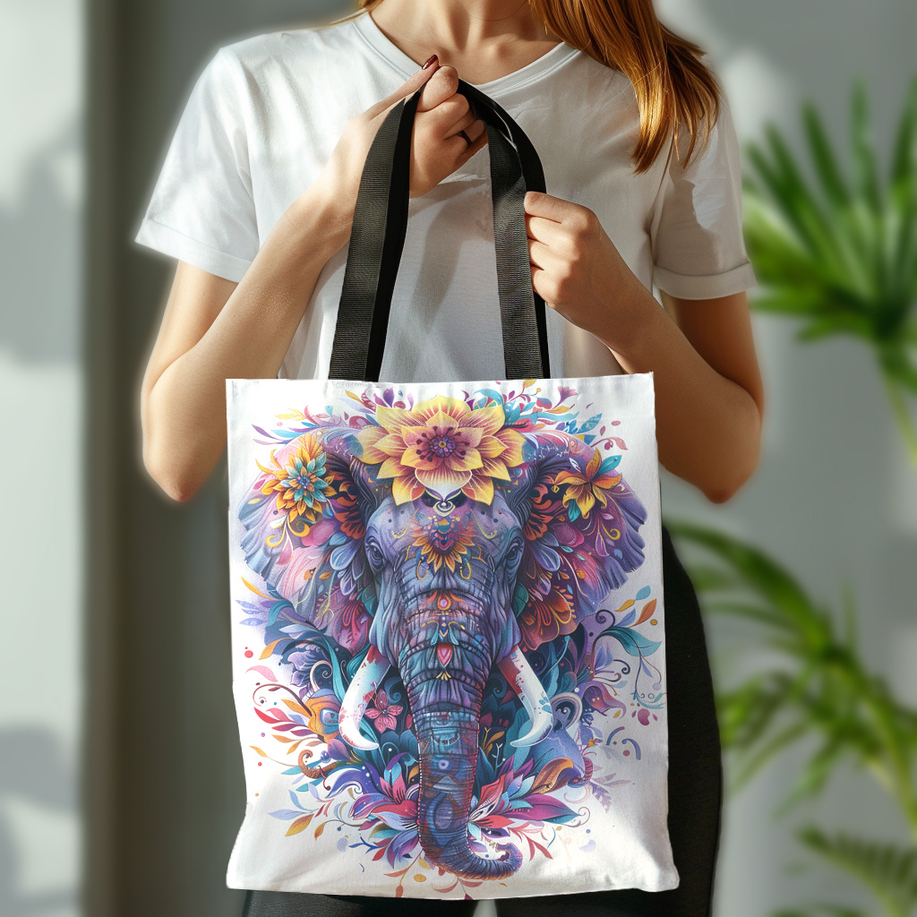 

Elephant And Floral Print Polyester Tote Bag - Durable, Reusable, And Machine Washable Canvas Shoulder Bag With No Closure, Unlined For Shopping And Everyday Use (1pc)