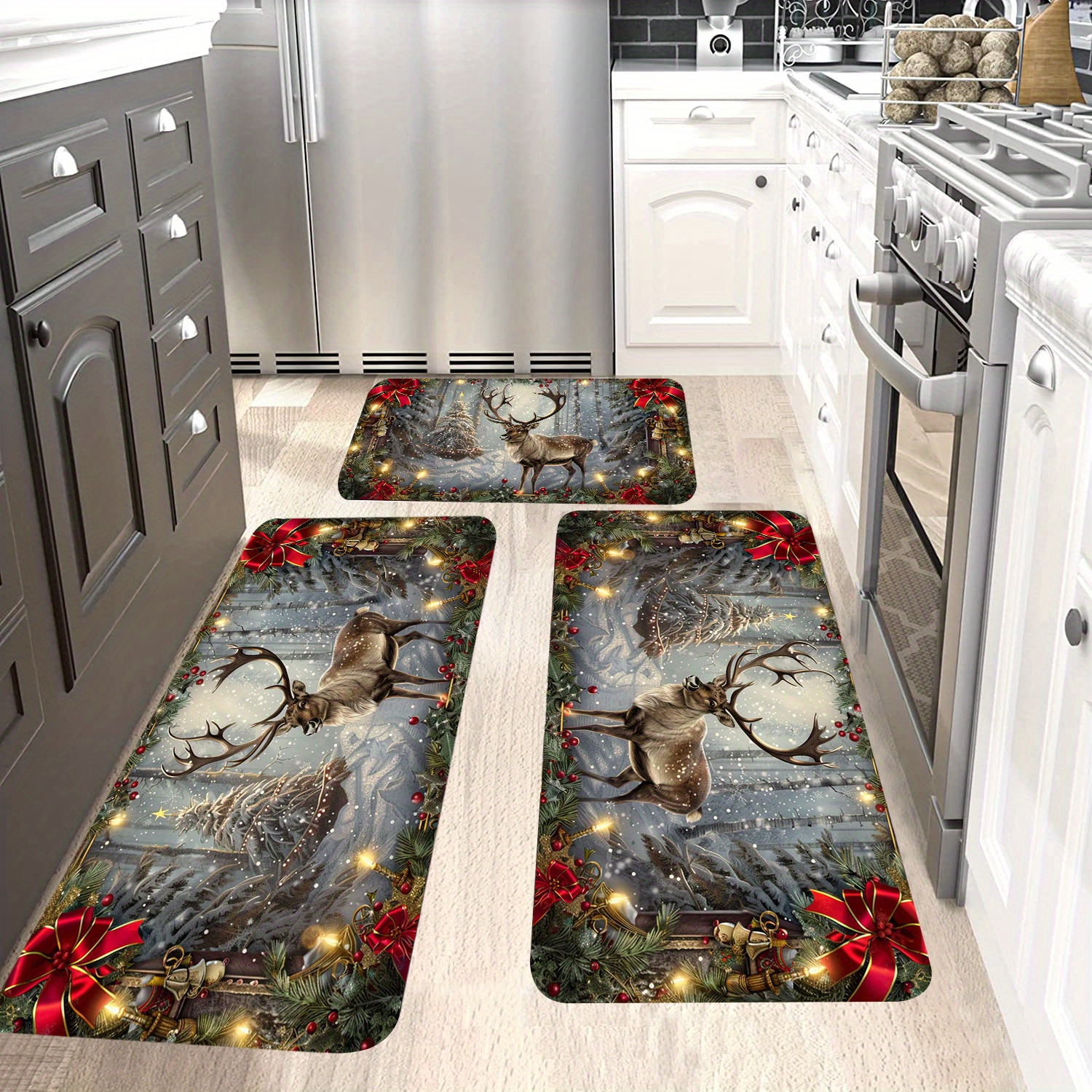 

3pcs Christmas Reindeer Kitchen Rugs Set - Non-slip, Absorbent, Oil-proof Polyester Mats For Bedroom, Living Room, Kitchen Entrance - Machine Washable Holiday Decor Floor Carpets