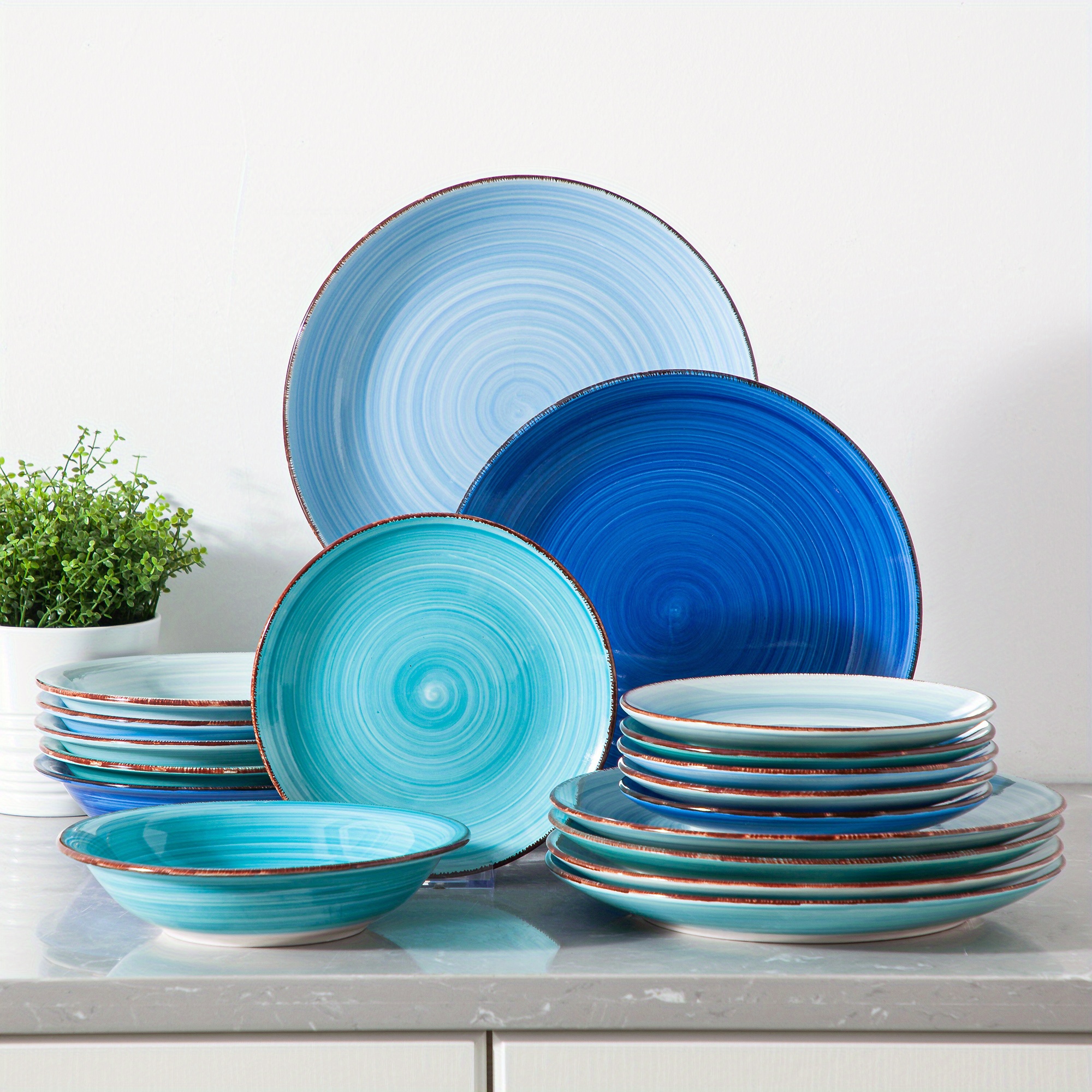 E-shop 18-teiliges handbemaltes modernes Spiral-Geschirrset – Steingut-Teller & Schalen, Service für 6 Personen (6 Essteller, Salatteller, Schalen),