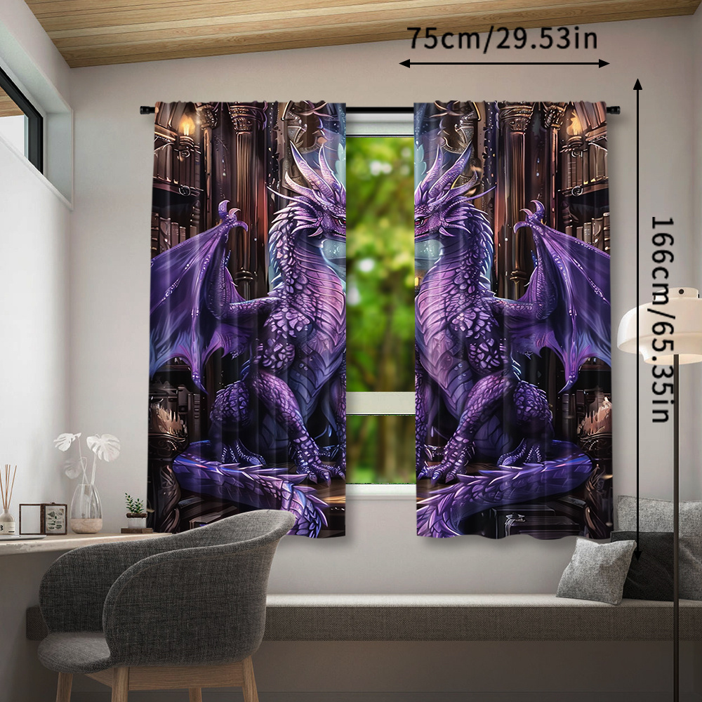 TEMU Ensemble de 2 rideaux imprimés sur le thème du Nouvel An, motif dragon violet, monde magique et , conçus pour une fixation à l'ourlet, fabriqués