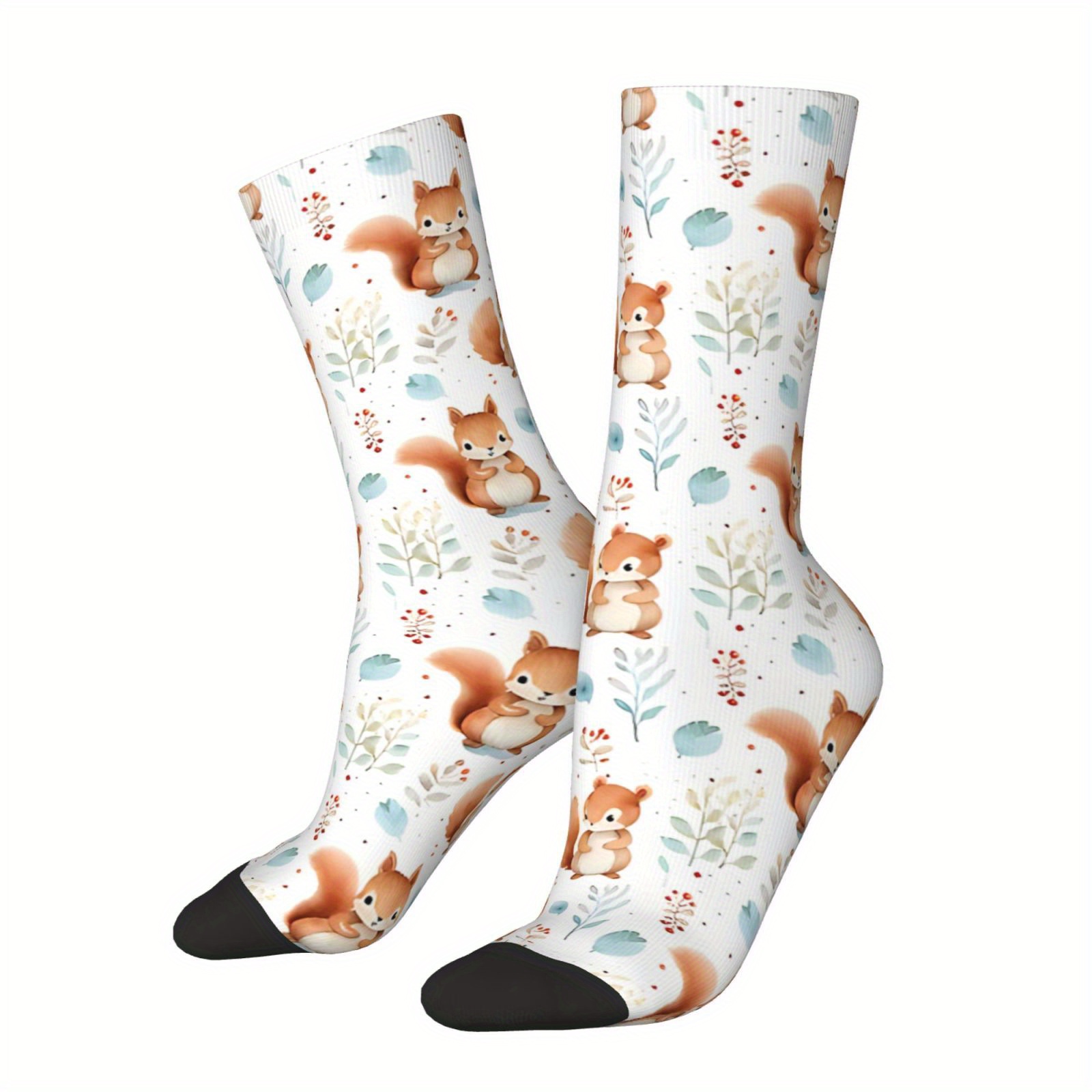 

Funny Happy Squirrel Watercolor Art Retro Hip Hop Novelty Pattern Crew - Men's Novelty Socks With Squirrel And Leaf Design