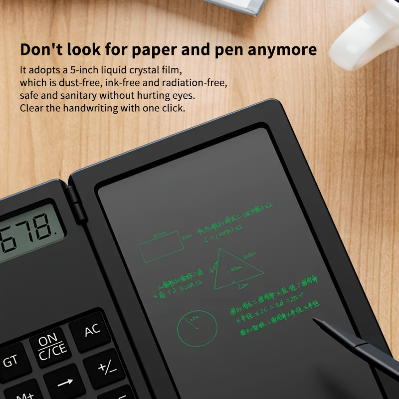 Calculadora portátil mini com bloco de notas, ideal para estudos e escritório, display LCD de 12 posições, dobrável e portátil, com bloco de notas detalhes 2