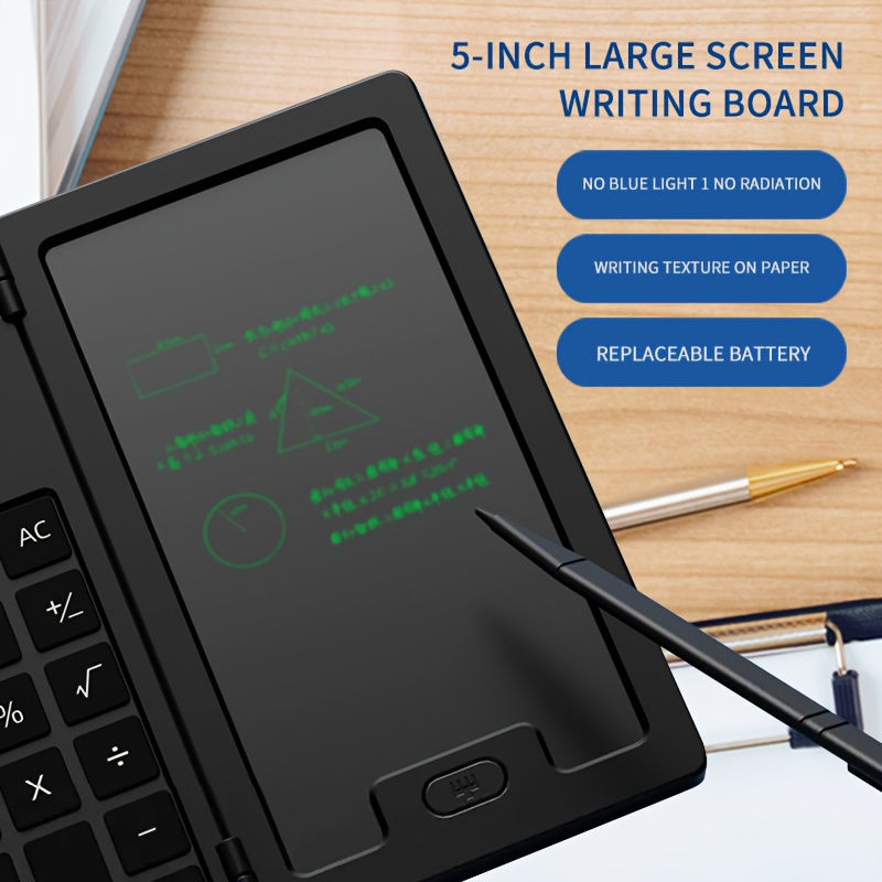 Calculadora portátil mini com bloco de notas, ideal para estudos e escritório, display LCD de 12 posições, dobrável e portátil, com bloco de notas detalhes 4