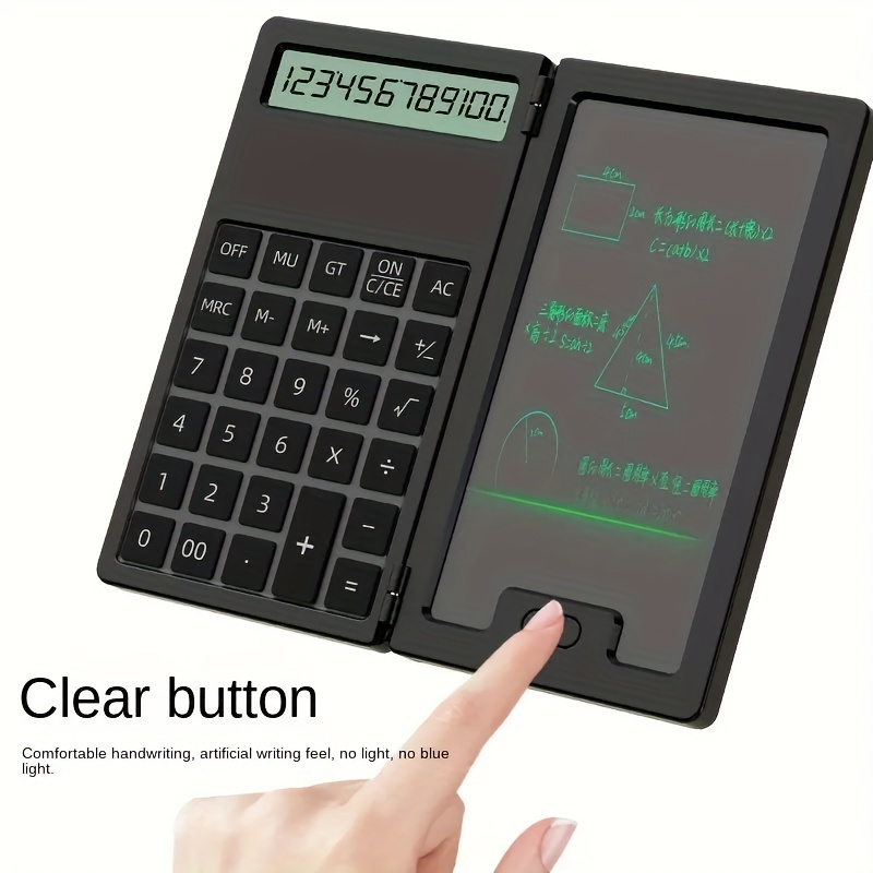 Calculadora portátil mini com bloco de notas, ideal para estudos e escritório, display LCD de 12 posições, dobrável e portátil, com bloco de notas detalhes 3