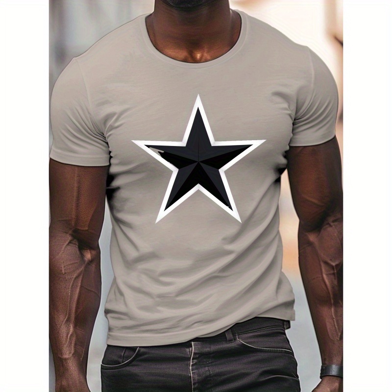 

Symmetry Black Star Print, Men's Round Crew Neck Short Sleeve Tee, Casual T-shirt Casual Comfy Lightweight Top For Summer