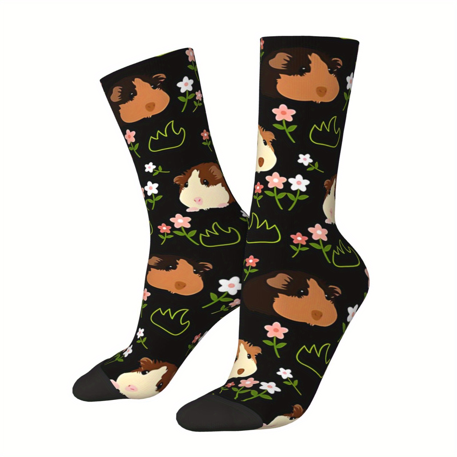 

Guinea Pig And Floral Print Crew Socks - 1 Pair Compression Knit Polyester Blend With Elastane, Hand Washable, Men's Casual Dress & Hip Hop Style, Seamless Pattern, Comfort Stretch Spandex