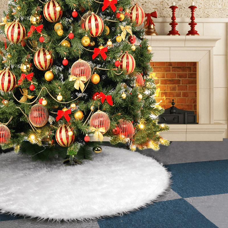 

Luxurious Polyester White Plush Christmas Tree Skirt - Holiday Decoration Ornament, Soft Faux Fur Xmas Tree Mat For Festive Home Decor