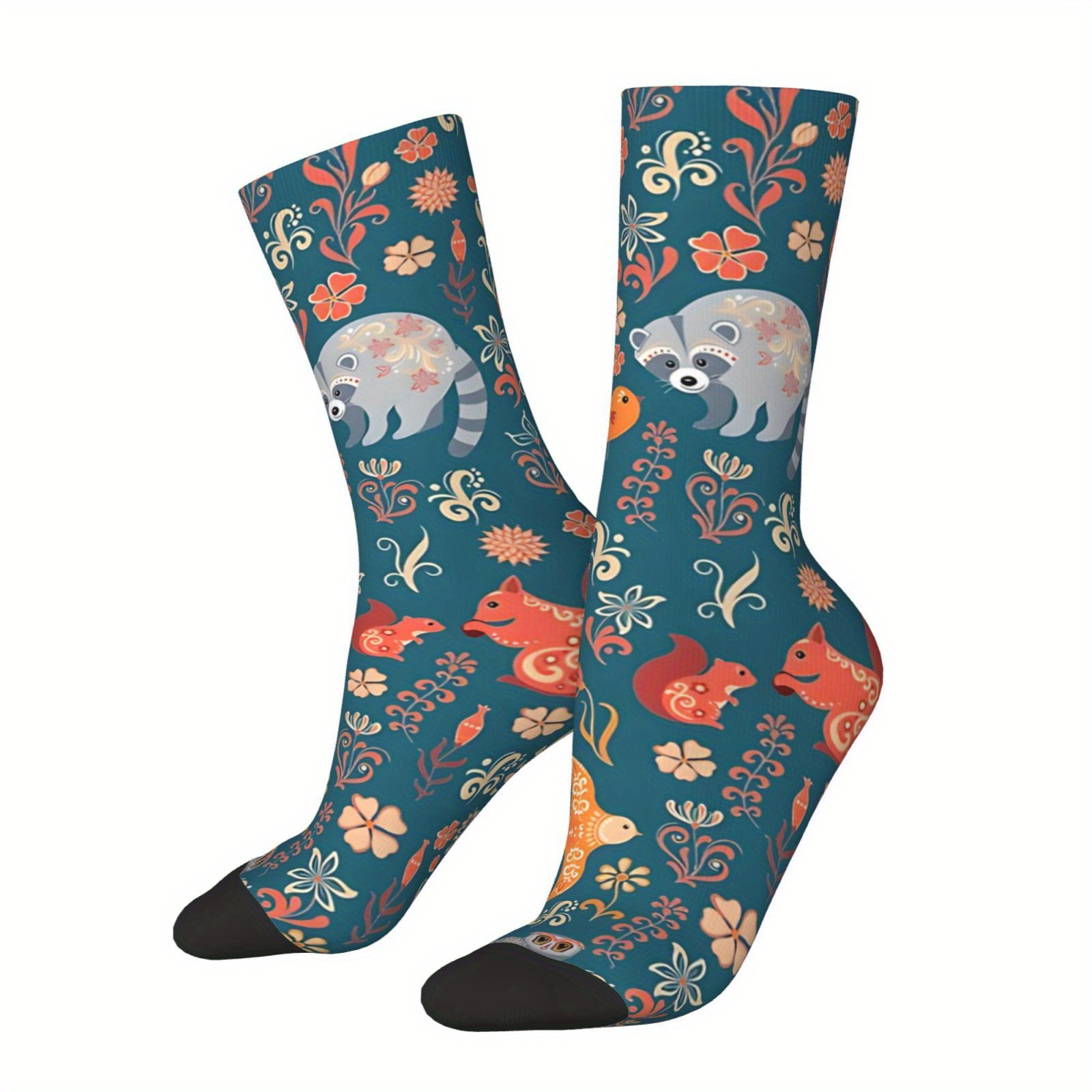 

Vintage Fairy- Socks: Hip Hop Unisex Crew Socks Featuring , , Raccoons, , Rabbits, Flowers, And Herbs On A White Background - Seamless Pattern, Knit Fabric, And For Men's