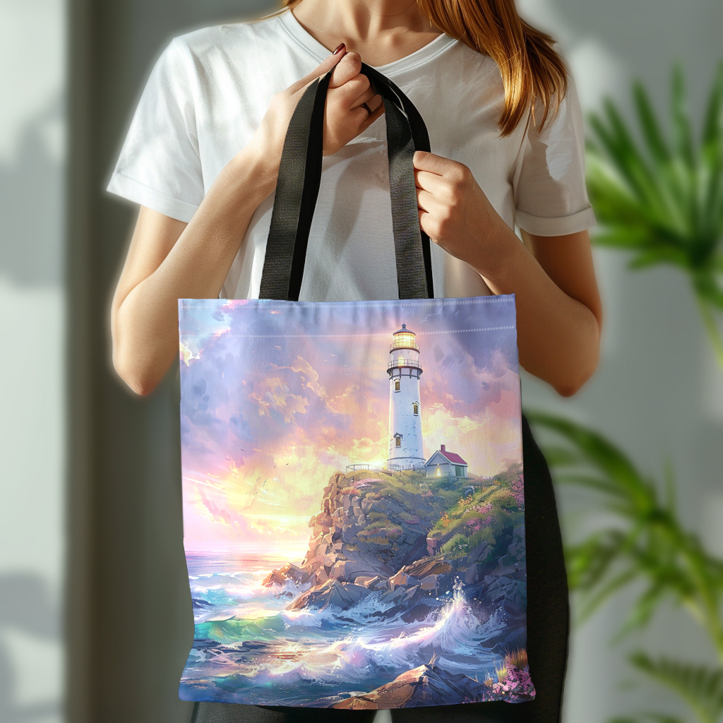 

Lighthouse Printed Polyester Shoulder Tote Bag - Durable, Machine Washable, Reusable Canvas Shopping Bag With No Closure - Versatile & Unlined For Everyday Use (1pc)