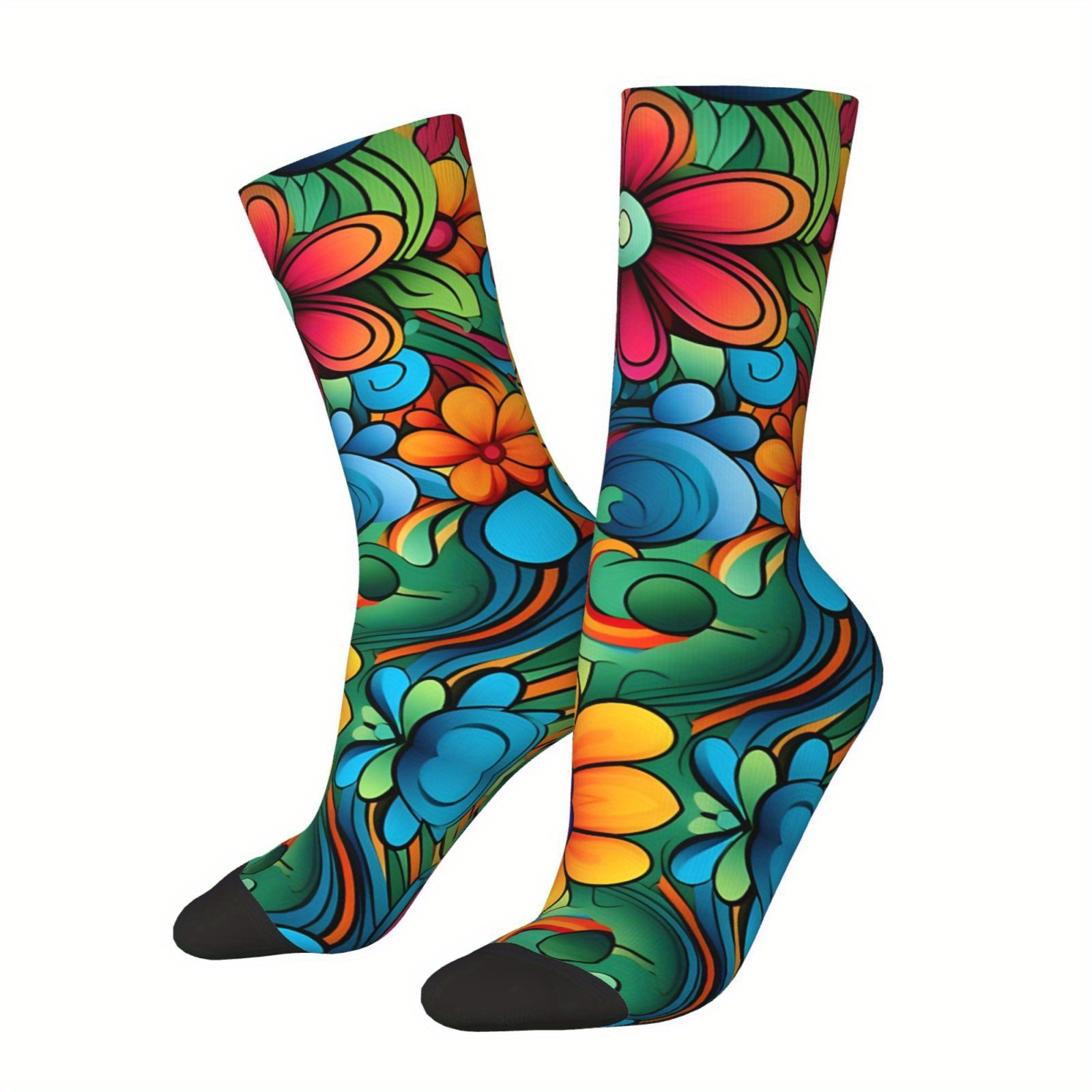 

1 Pair Unisex Compression Crew Socks, Polyester And Elastane Blend, Hip Hop Vintage Hippy Floral Print, Knit Fabric, Hand Washable - Novelty Happy Socks For Men And Women