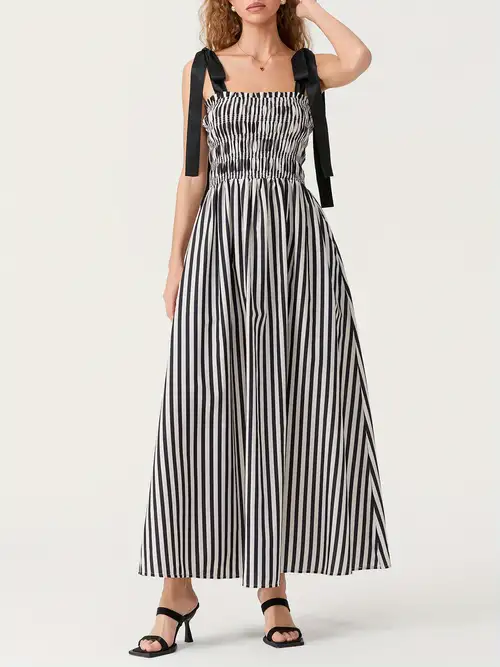 black and white striped backless maxi dress Florie Scoop Neck Halter Maxi Dress Stripe Black