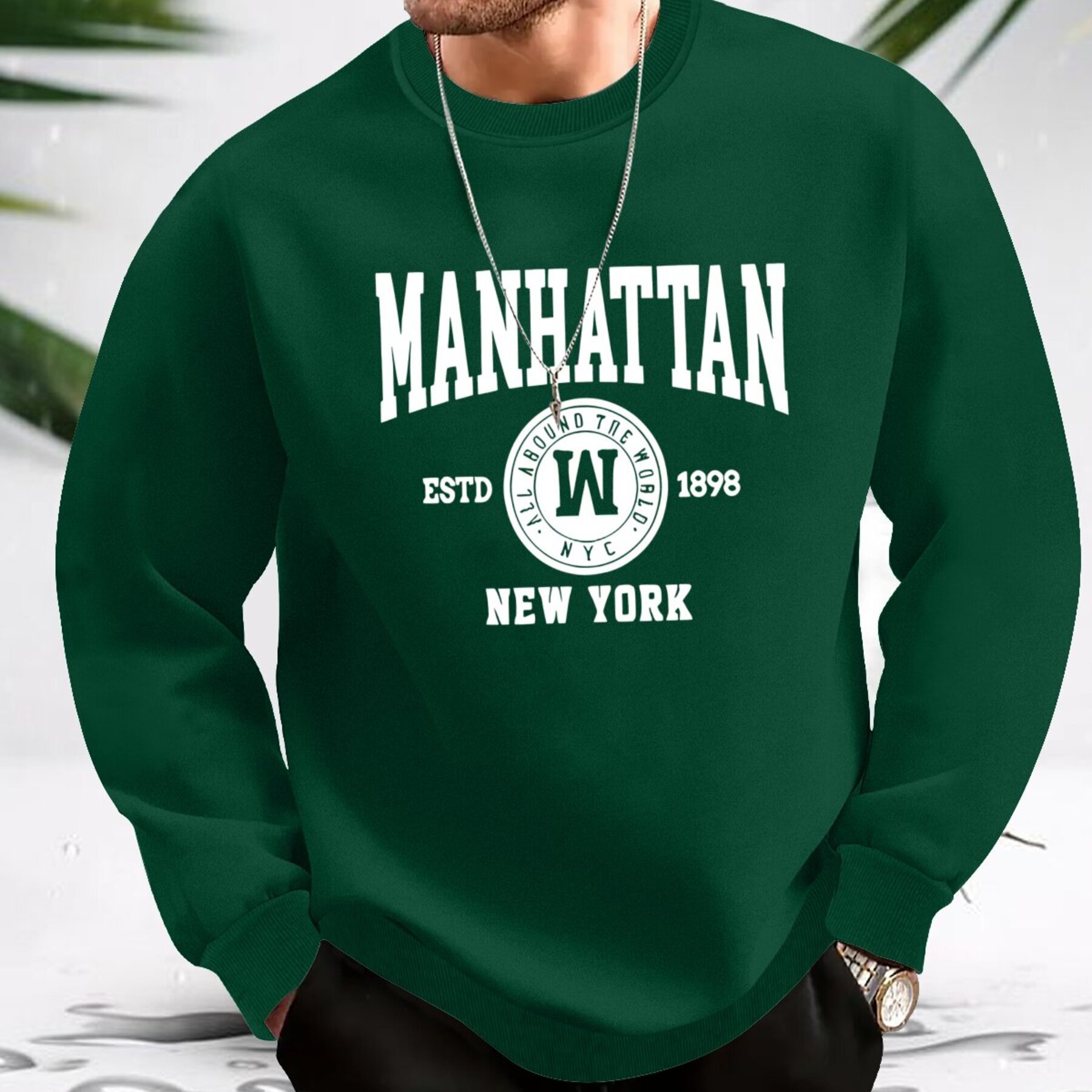 

Manhattan Print Crew Neck Sweatshirt For Men - 100% Polyester Casual Long Sleeve Pullover With Slight Stretch - Knit Fabric Sports Jumper For Spring & Autumn