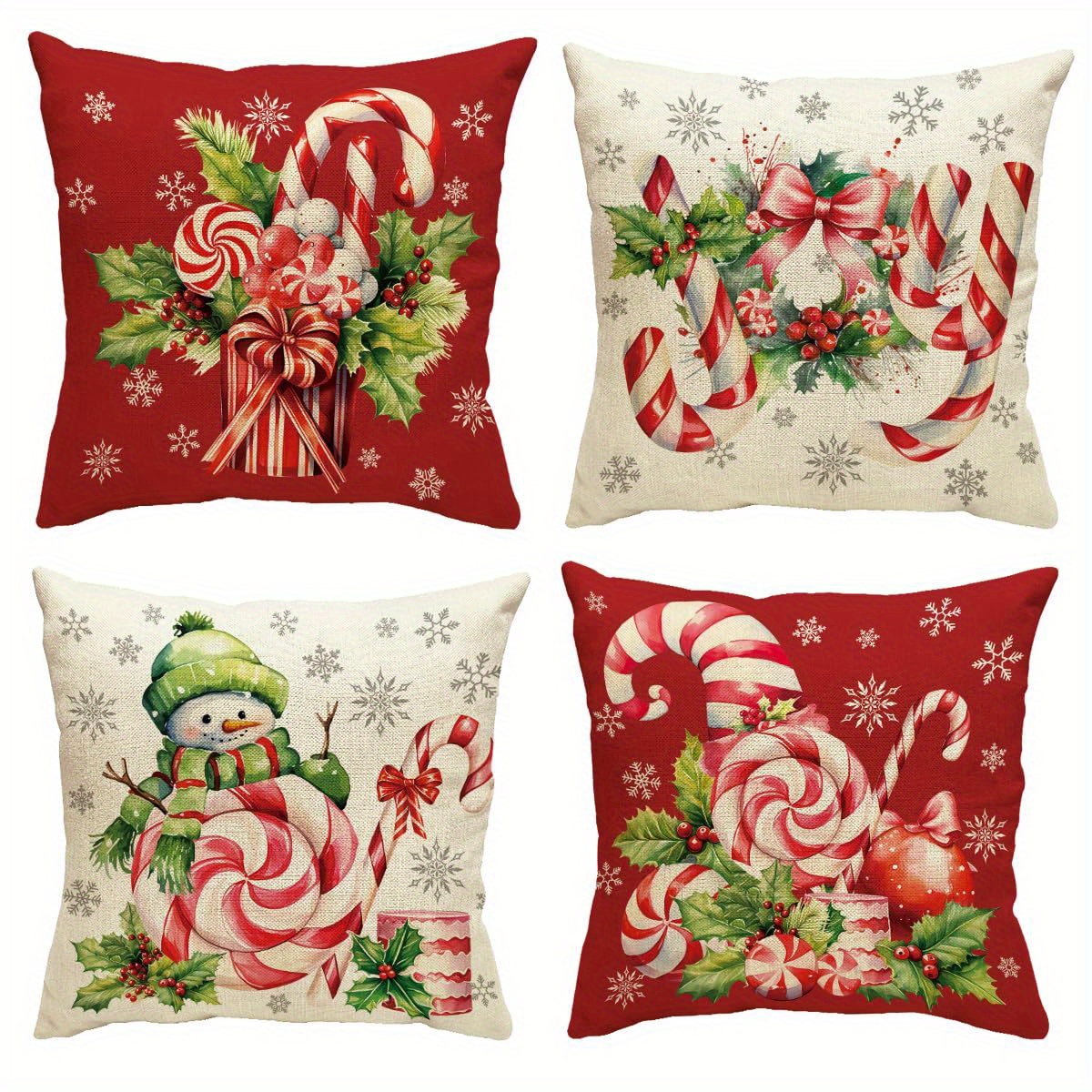 

Festive 4pcs Christmas Candy & Snowman Throw Pillow Covers - Zippered, Machine Washable, 18x18 Inches - Living Room, Bedroom, And Outdoor Spaces