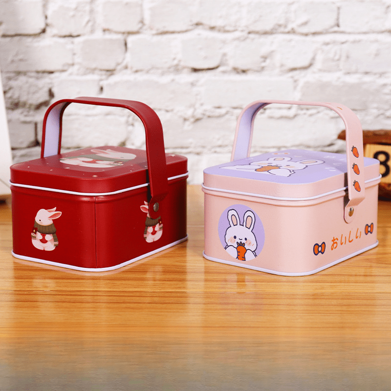 

Set Of 5 Cartoon Rabbit Tin Box With Handles, Metal Biscuit Snack Candy Storage Tins, Children's Day Christmas Gift Organizer Cases