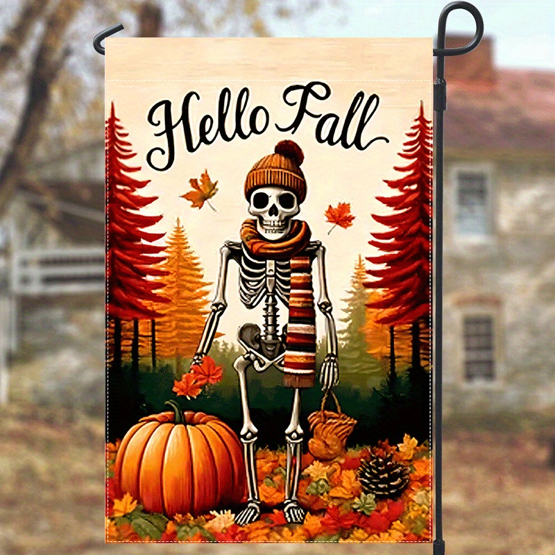 

1pc Skeleton Man Carrying Basket, Flag Happy Halloween Decorations Double Sided Waterproof Burlap Flag 12x18inch