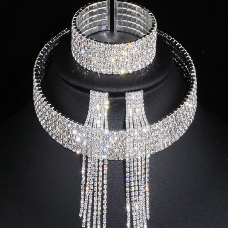 TEMU Set Of 3 Pieces Of Jewelry Including A Multi-strand Necklace, Earrings, And A Bracelet, Designed For Brides With Fashionable Additions