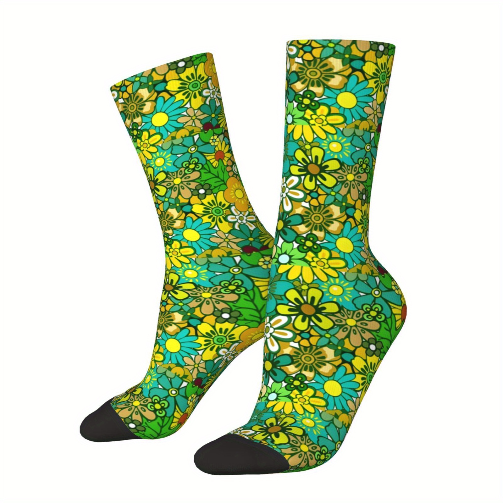 

1 Pair Men's Polyester Crew Socks With Green Floral Pattern - Knit Fabric, 95% Polyester 5% Elastane, Hand Washable - Funky Crazy Novelty Hip-hop Style Socks For Boys And Men