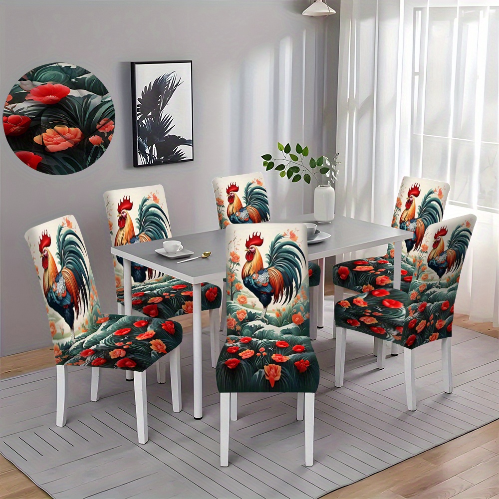 

2/4/6pcs Simple Creative Rooster Print Chair Cover, Kitchen Dining Chair Cover, Furniture, Protective Cover, Suitable For Restaurant, Living Room, Office, Home Decoration