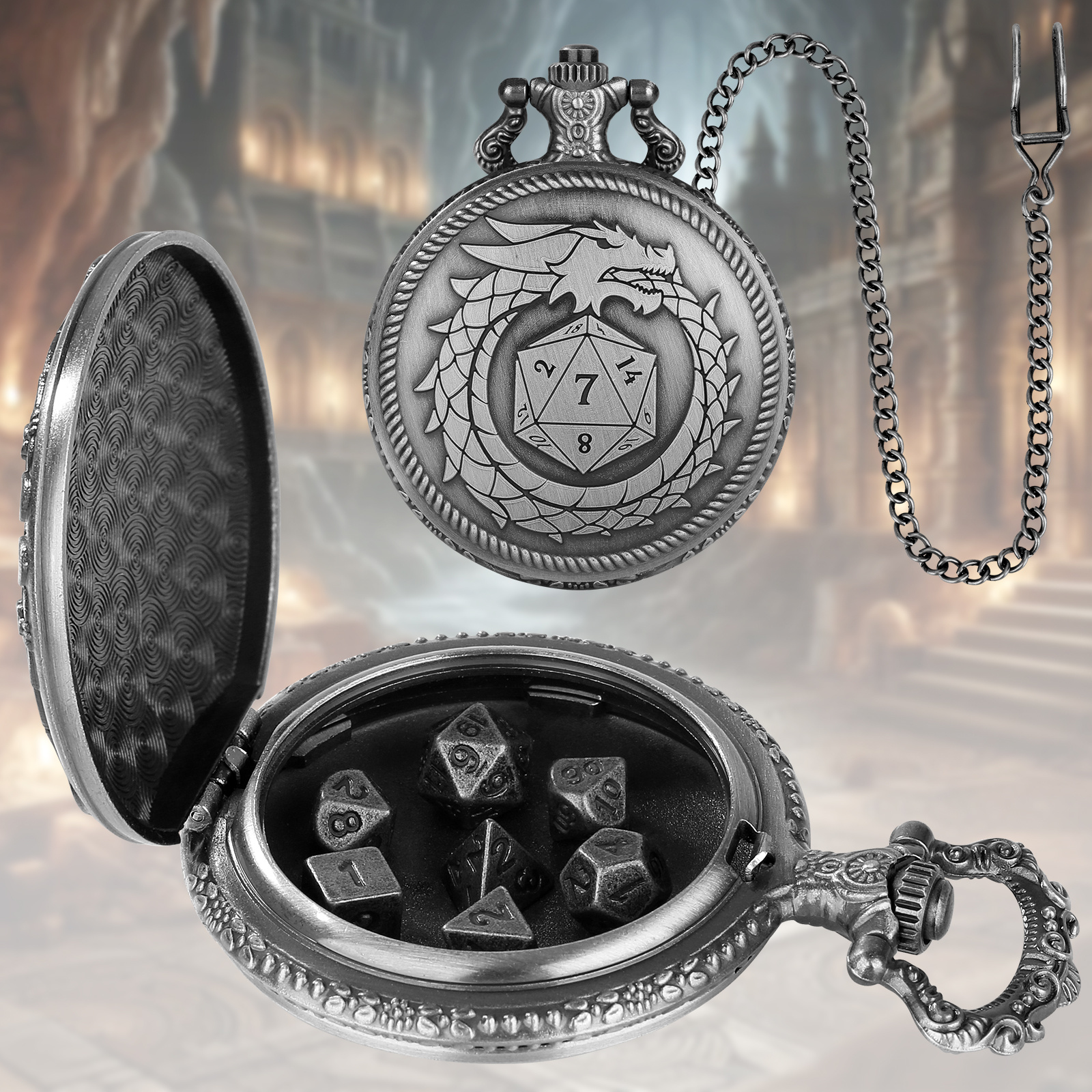 

A Pocket Watch Case With A Bronze/deep Swallowing Its Tail Design And A Chain, With A Mini Dice Set, Including 7 Golden Multi- Dice For Tabletop Role-playing Games.