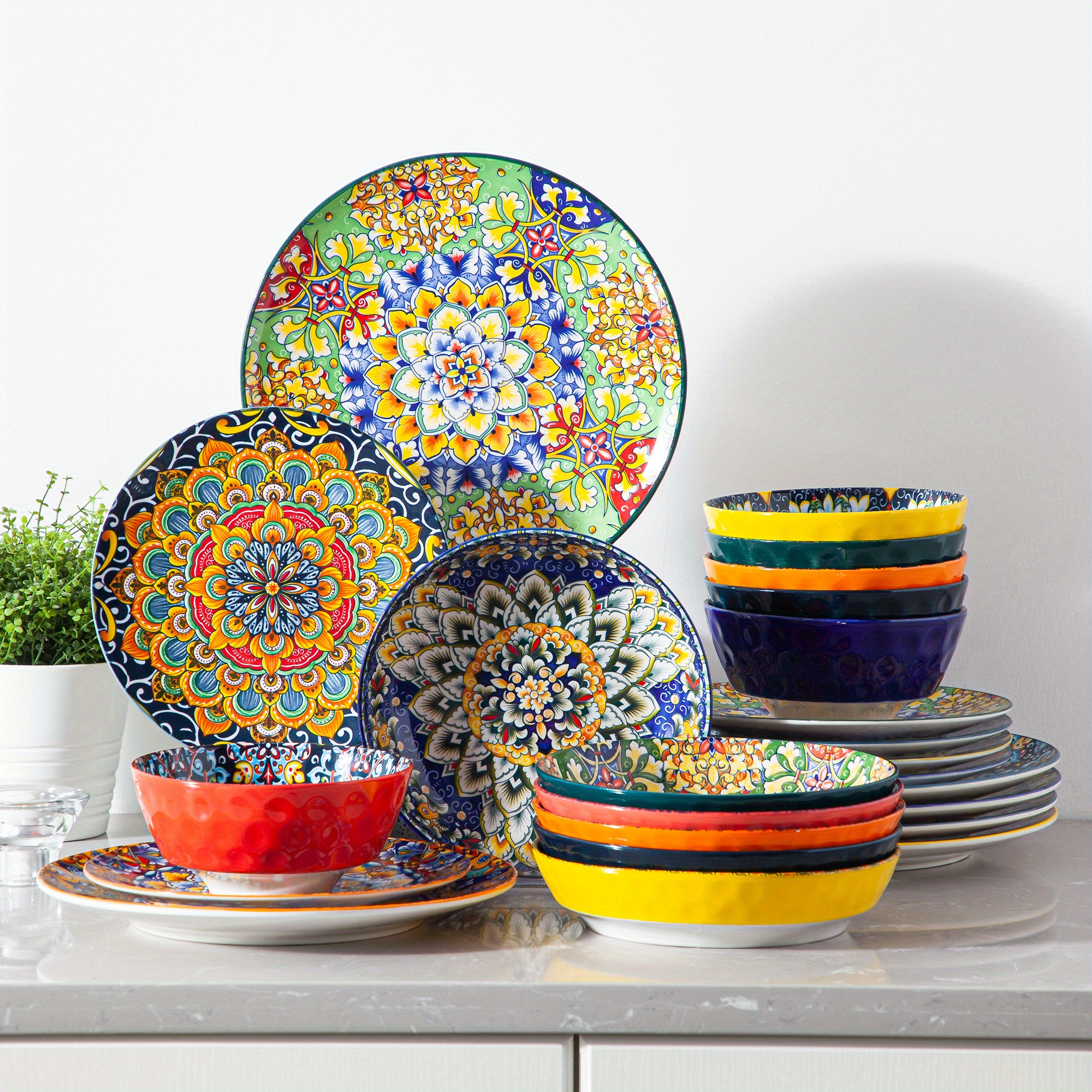 TEMU 24pcs Bohemian Style Porcelain Dinnerware Sets, Dishes Set For 6, Dinnerware Set For Six, Artistic Dinnerware, Stylish Ceramics, Highquality