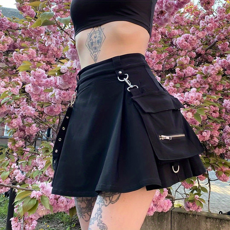 

Women Gothic Punk Mini Skirts, Cool Girls High Waist Black Half Dress With Belt Pocket Decoration