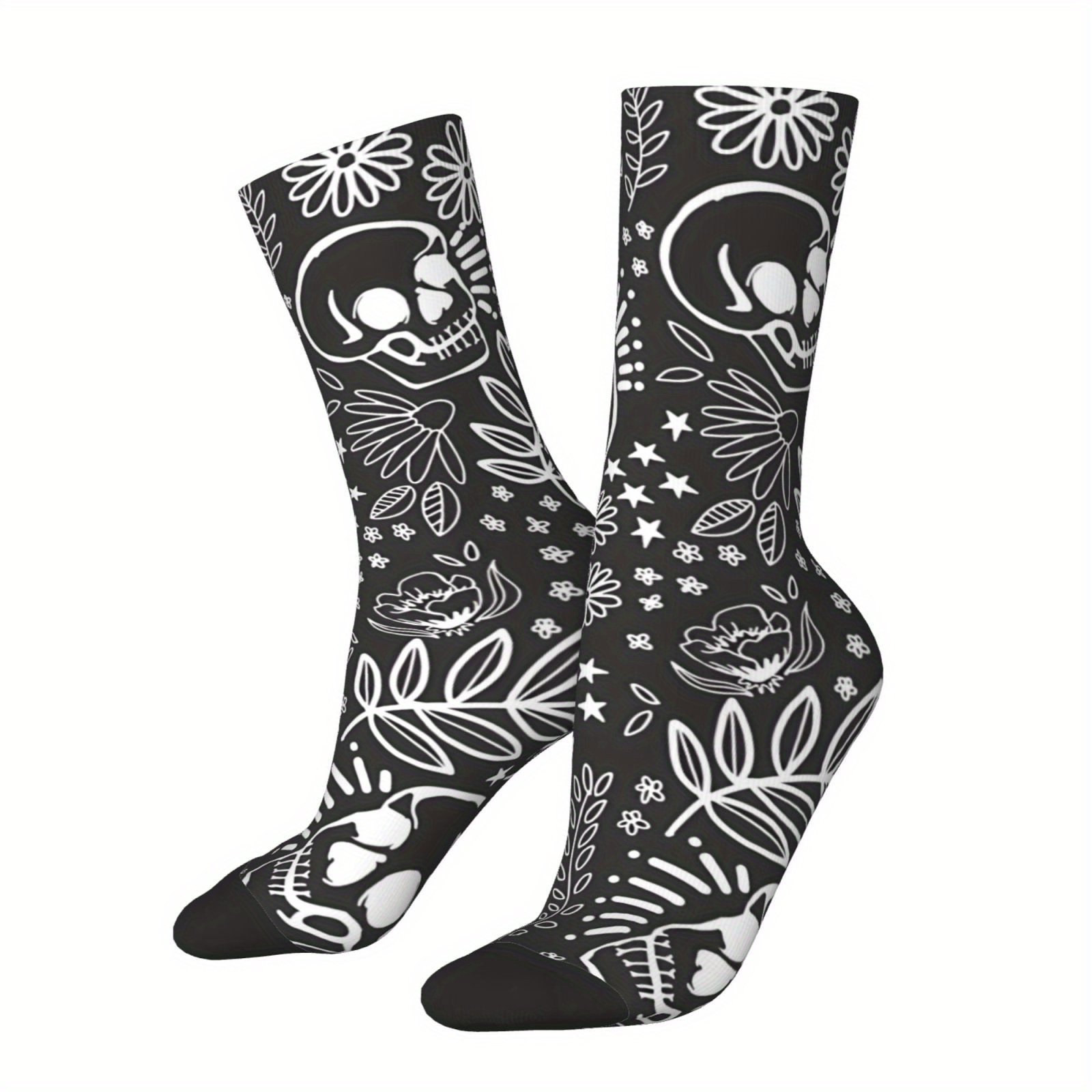 TEMU 1 Polyester Crew Socks With Elastane - Floral Skull Print, Stretch Spandex, Hand Washable - Hip Hop Novelty Design