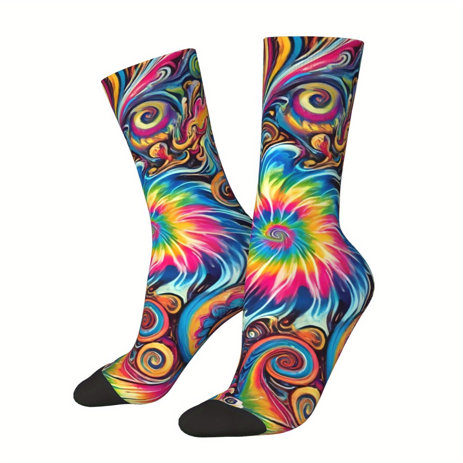 TEMU 1 Pair Men's Socks - Vibrant Tie-dye Design, Knit Polyester Fabric, Stretch Elastane , Seamless Pattern, Crazy Funky Hip Hop Style, Inspired Crew Socks, Novelty Gift