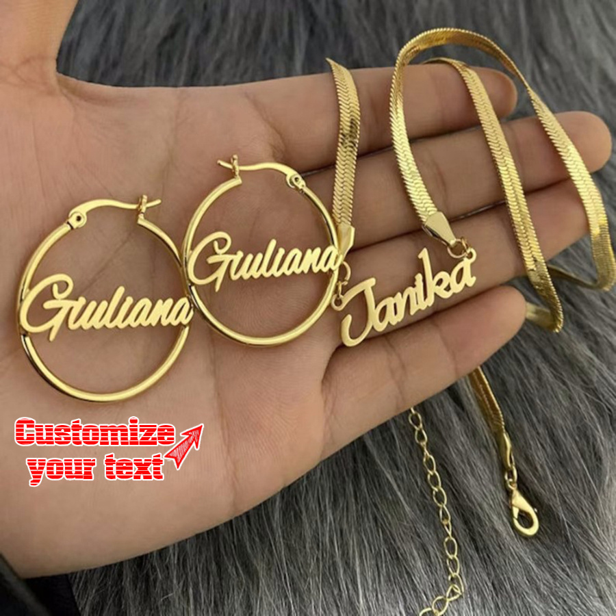 

3-in-1 Personalized Name Earrings And Snake Chain Set In Stainless Steel - Custom Nameplate Jewelry, Ideal Gift For Women, Customizable With English Text Only