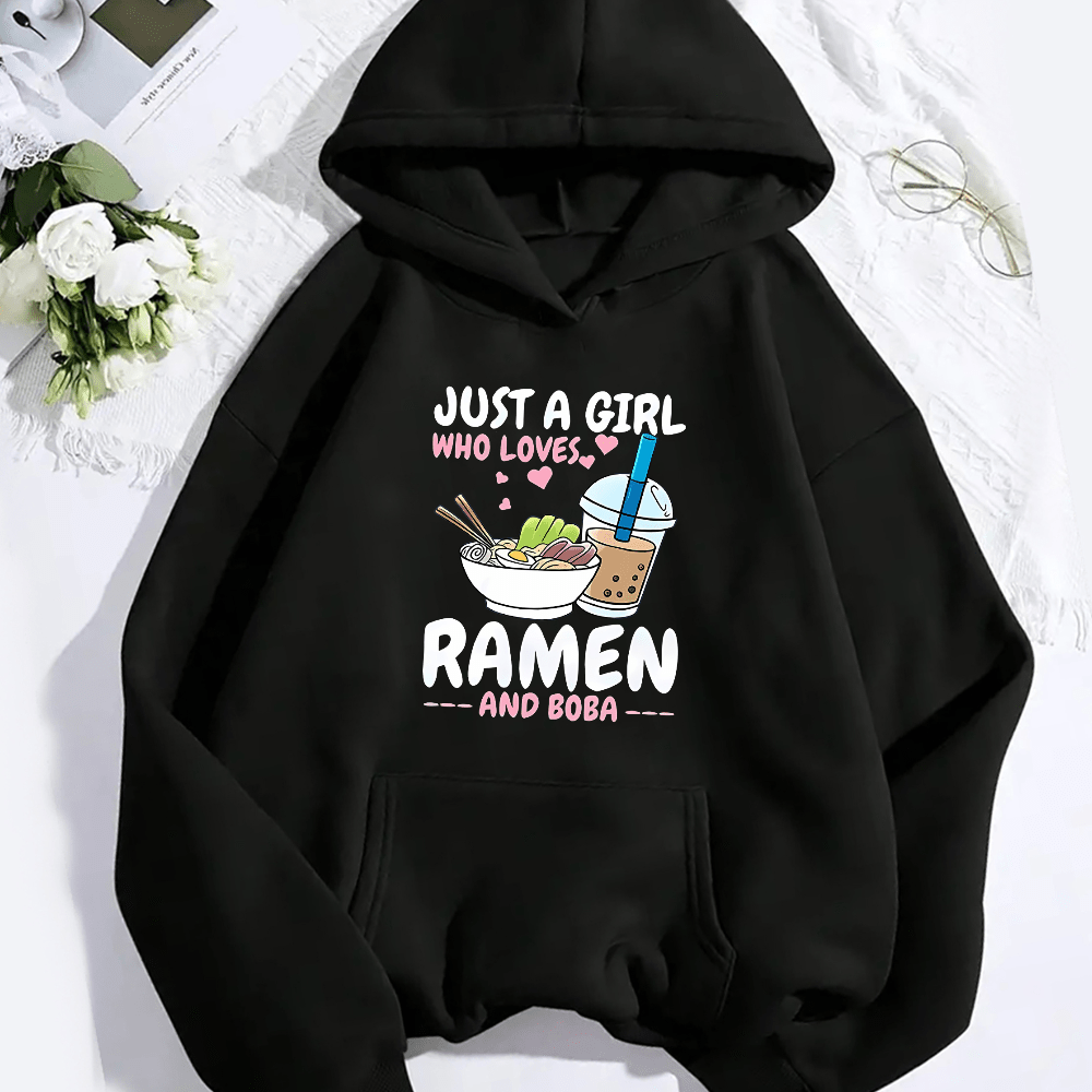 

Creative Ramen & Milk Tea Graphic Print Fashion Kangaroo Pocket Hoodie, Casual Long Sleeve Comfort Hoodies Sweatshirt, Women's Clothing For Fall & Winter