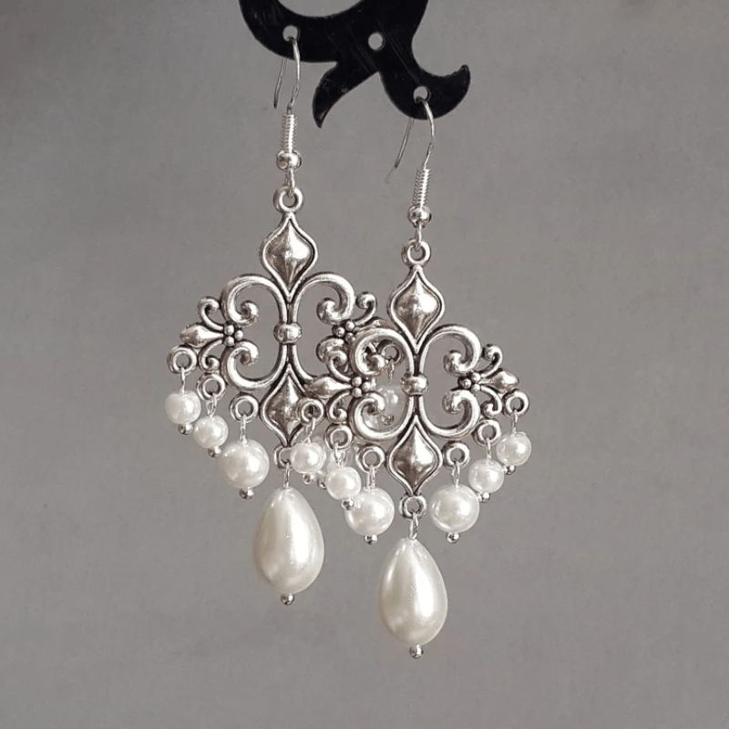 TEMU 2pcs Fine Tassel Elegant Ethnic Vintage Pearl Silvery Stainless Steel Earrings Pendant Women Daily Party Gift