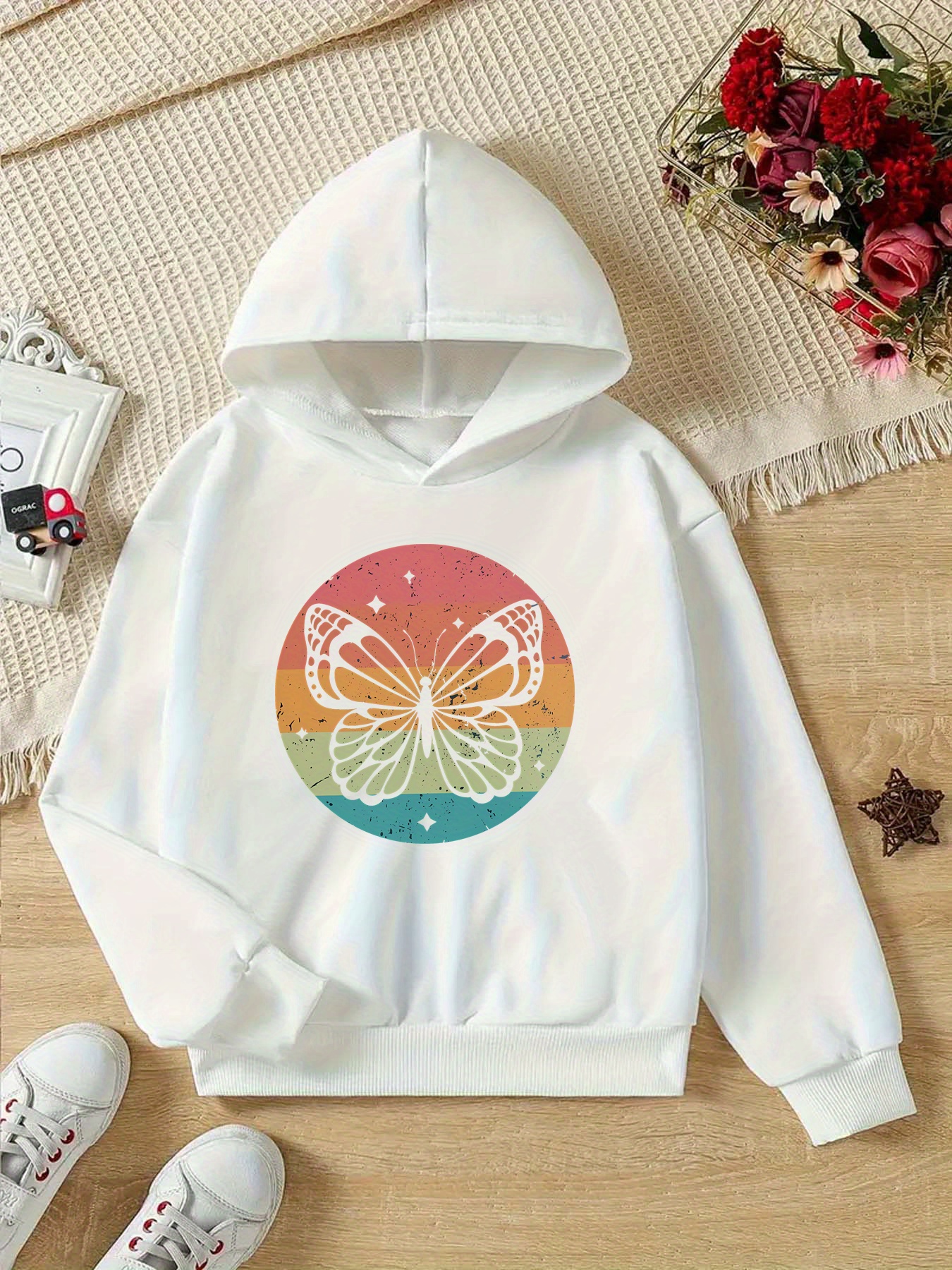 Butterfly print drawstring hem hoodie