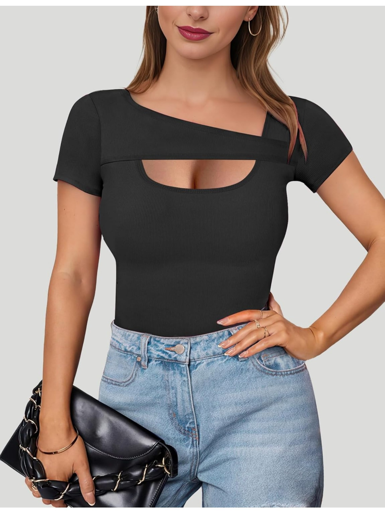 black cut out neck top