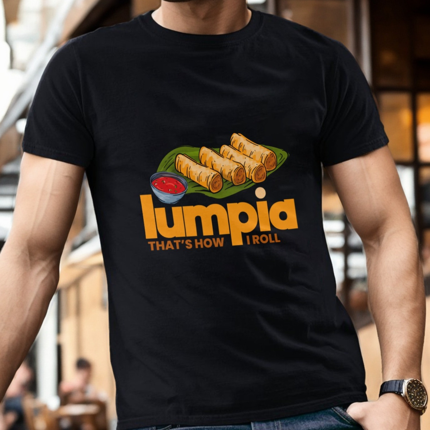 

Men's Summer Short Sleeve T-shirt With Front Print - Comfortable, Breathable Fabric, Casual Sporty Style- Lumpia Design For Pinoys