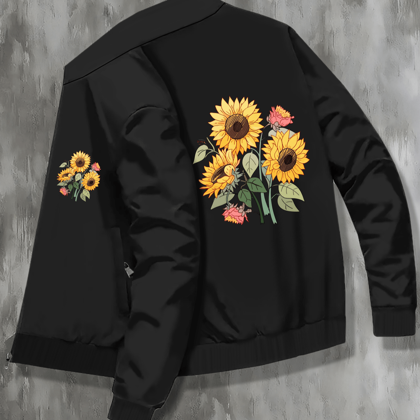 

3d Design Sunflowers Print Men's Stand Collar Varsity Jackets, Casual Fashionable Lightweight College Style Jackets