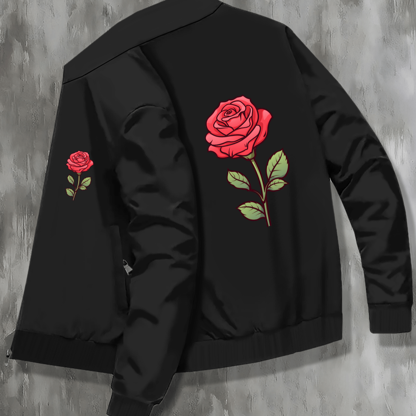 

A Vivid Red Rose Print Men's Stand Collar Varsity Jackets, Casual Fashionable Lightweight College Style Jackets