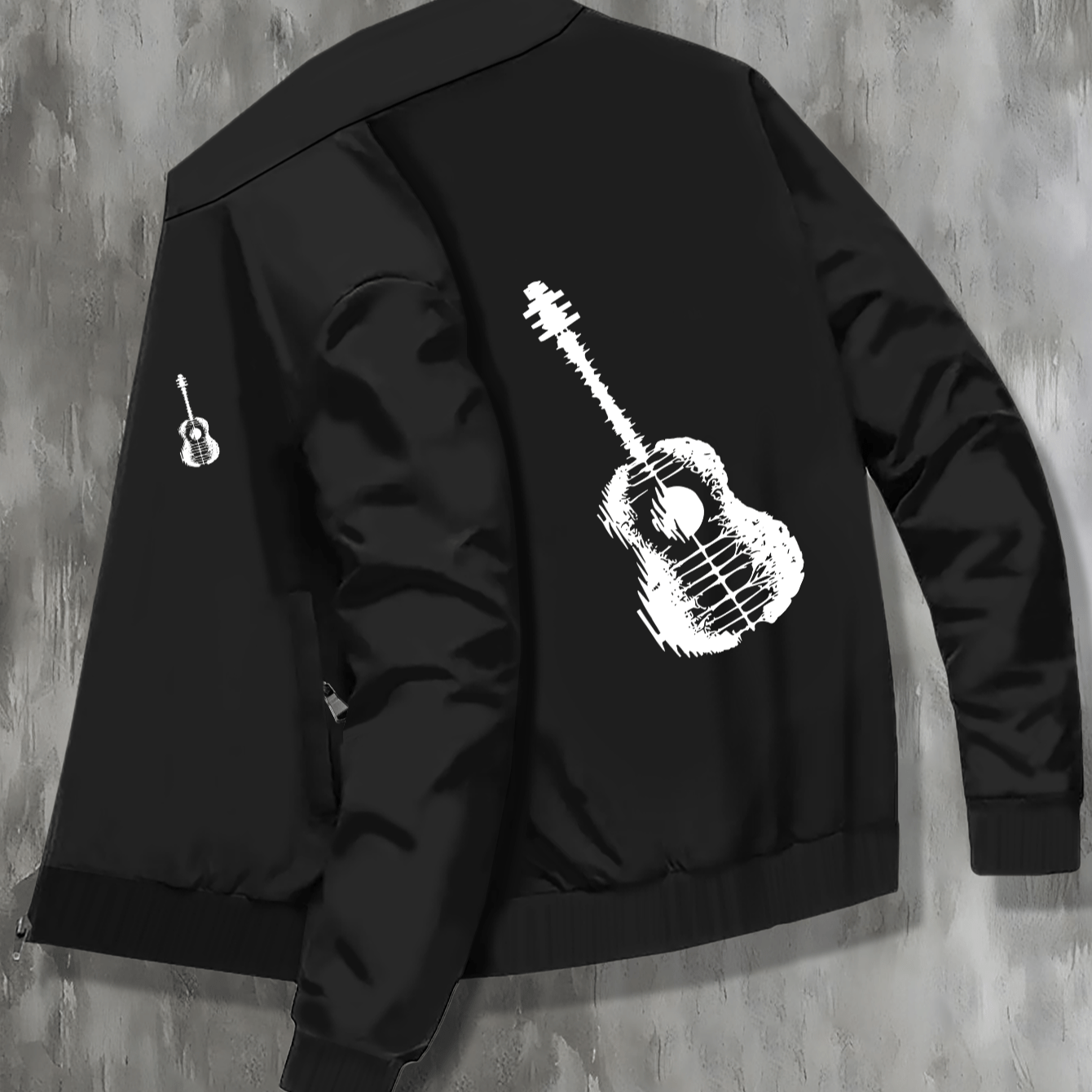 

Artistic Guitar Sketch Print Men's College Style Jacket, Versatile Casual Tops With Zipper And Pocket, Meticulously Crafted Clothing For Daily Wear, Best Fall & Winter Gift Choice