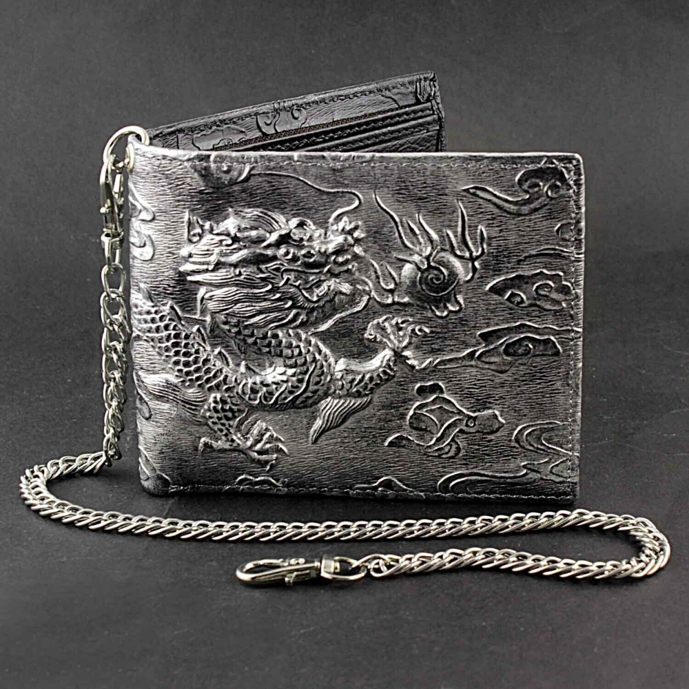 

Men's Dragon Vintage Silvery Gray Faux Leather Wallet Card Holder Purse With Chain