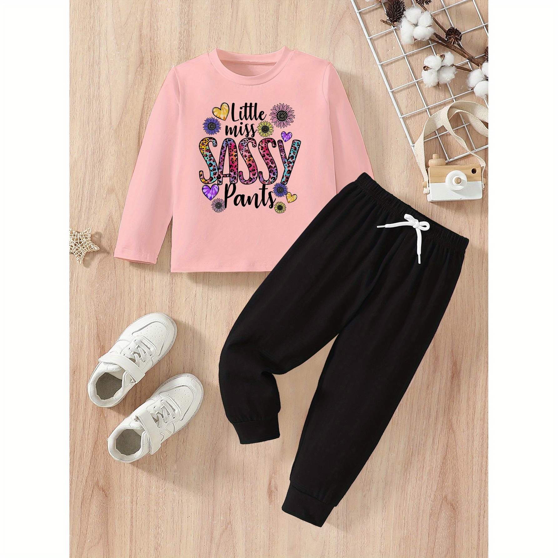 

Little Miss Sassy Print Girl's Casual Fall/winter Long Sleeve Top And Jogger Pants 2pcs Set, Cotton Spandex Blend, Comfortable And Trendy Outfit