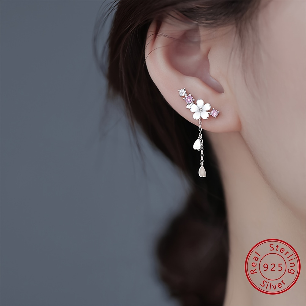 

Sterling 925 Silver Hypoallergenic Ear Jewelry Exquisite Flower Design Shiny Zircon Decor Dangle Earrings Elegant Style Delicate Female Gift