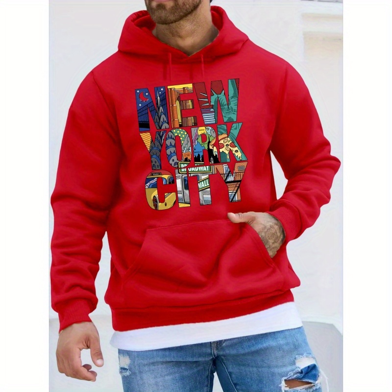 

Of New York City Print, Men's Drawstring Sweatshirt Hoodies, Men's Comfy Casual Pullover Long Sleeve Hoodies With Kangaroo Pocket, Men's Clothes For Regular Fit