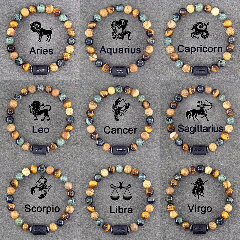 

Natural Stone Zodiac Bracelet For Men And Women - 1pc Adjustable Boho Birthstone Jewelry, No Turquoise Gem, , , Leo, Libra, & Father's Day Gift