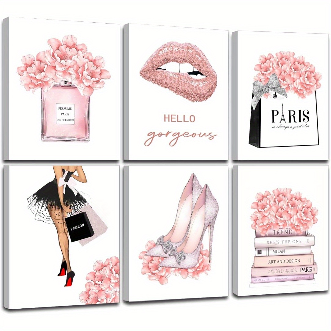 TEMU 2D Flat, 2D Flat, 6-teiliges Mode Rosa Schminktisch Wandkunst Set - Rahmenlose Aquarell Drucke, Parfüm, High Heels und Lippenstift Designs, 8X10