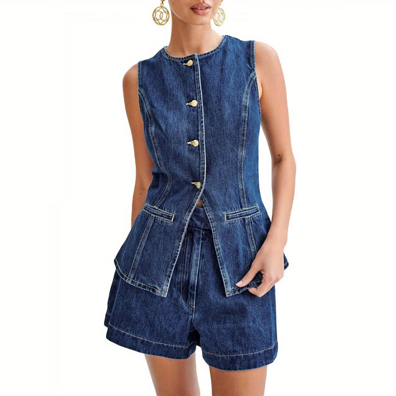 

Solid Color Denim Two-piece Set, Casual Sleeveless Crew Neck Button Front Patched Pocket Vest & Slim Shorts Outfits For Summer, Women's Clothing