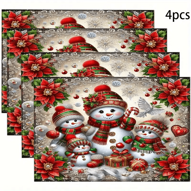 

Lot de 4 sets de table bonhomme de neige de Noël – Polyester tissé, résistants à la chaleur, lavables en machine, sets de table rectangulaires pour salle à manger et décoration